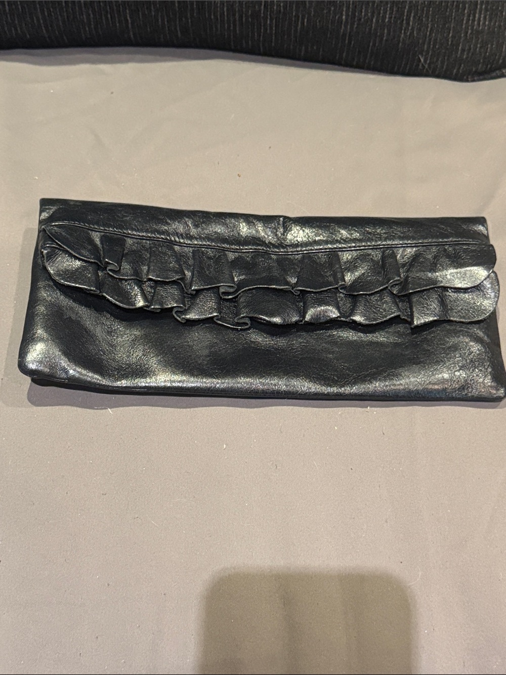 HOBO Black Leather Ruffle Flap Wristlet Clutch